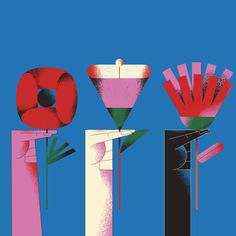 three different colored vases with flowers in them on a blue background, one is pink and the other is red