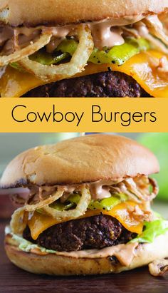 this is an image of two burgers with different toppings on them and the words cowboy burgers above it