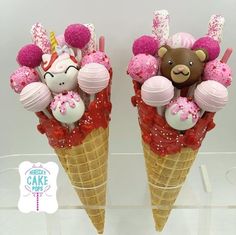 two ice cream cones with teddy bears in them