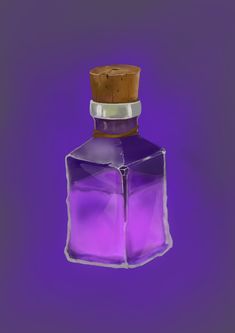 a purple glass bottle with a cork top on a purple and blue background is shown