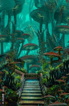 an underwater scene with stairs leading to the bottom and lots of mushrooms growing on the ground