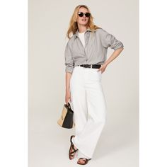 White denim (99% Cotton, 1% Lycra). Jeans. Front zipper fly with button closure. 33" inseam. 11.5" rise. 27" leg opening. Imported. Spring High-waisted Jeans With Button Zip Fly, High-waisted Jeans For Spring, Spring High-waisted Jeans, Chic Button-up Jeans For Everyday, Trendy Button-up Spring Pants, Trendy Button-up Pants For Spring, Spring Wide Leg Flare Jeans With Button Zip Fly, Summer Wide Leg Jeans With Button Zip Fly, Spring Everyday Button-up Jeans