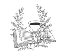 an open book with a cup of coffee on it and some plants in the background