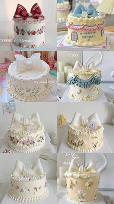 there are many different types of cakes on the table with ribbons and bows around them