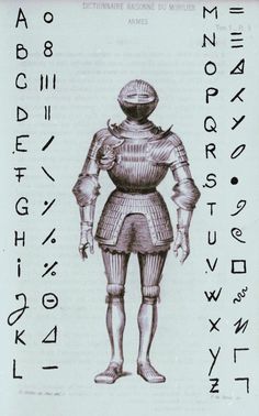 a drawing of a man in armor with numbers on the back and letters above him