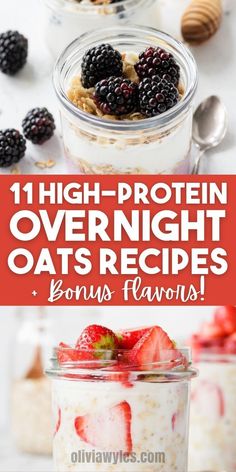 overnight oatmeal recipe in a jar with berries on top