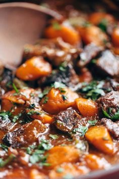 a stew with carrots, meat and parsley