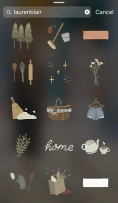 an iphone screen with various items on it and the words home written in white ink