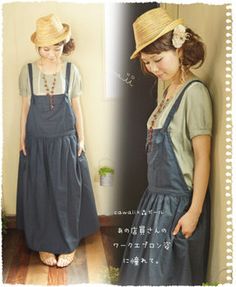 ★ ★ cawaii x エプロンワン piece of the forest girl * linen blend material. Yearning to work apron that clerks saw in a fashionable city. Pretty loose in elbow-length order and design. (Not available) Natural Kei Fashion, Recycle Dress, Work Apron, Recycled Dress, Japanese Clothes