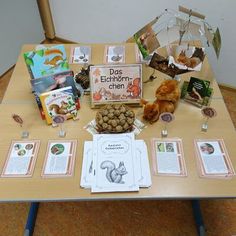 the table is covered with books, cards and stuffed animals for children's birthday