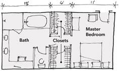 the floor plan for a bedroom and bathroom in a small house with two separate rooms