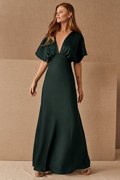 Leila Satin Charmeuse Maxi Dress - BHLDN Green Satin Bridesmaid Dresses, Islamorada Wedding, Emerald Green Bridesmaid Dresses, Bhldn Bridesmaid, Fantasy Outfits, Charmeuse Dress, Wings Dress, Draped Bodice, Party Inspo