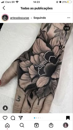 a hand with black and white flowers on it