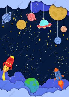 an image of a space scene with rockets and planets hanging from strings above the clouds