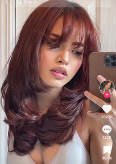 Reddish Burgundy Hair, Outfits For Cherry Red Hair, Black Hair Layers Short, Pameluhrose Hair, Curtain Haircut Women, Villain Era Hair, Medium Length Hair Plus Size, Copper Balayage Curtain Bangs, Layered Burgundy Hair