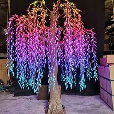 a tree with purple and blue leaves on it in front of a black backdrop that is lit up