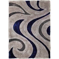 an area rug with blue and grey swirls on it