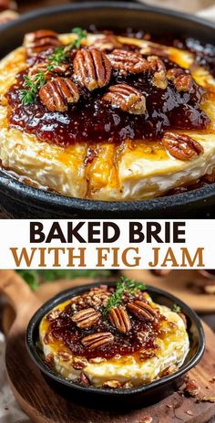 Indulge in the delightful harmony of flavors with Baked Brie topped with luscious fig jam. This appetizer marries the smooth, creamy texture of brie cheese with the sweet and slightly tangy notes of fig jam, creating a taste sensation that's sure to impress. With just a handful of ingredients and about half an hour, you can whip up this crowd-pleaser, making it an ideal choice for festive celebrations or any special gathering. Easy Appetizers Brie, Brie Pecans Brown Sugar, Brie Honey Recipes, Fig Jam And Cheese, Bre Cheese Appetizers, Baked Cheese Board, Brie Cheese Baked, Brie Fall Appetizer