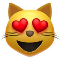 a yellow cat with red hearts on its eyes and nose is smiling at the camera