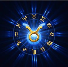 the zodiac sign is illuminated in blue and gold