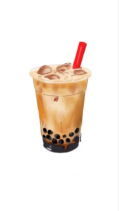 a painting of an iced coffee drink with a red straw in it's cup