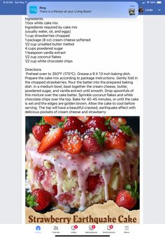 an image of a cake with strawberries and icing on it's side