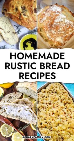 homemade rustic bread recipe collage with lemons and olives on the side,