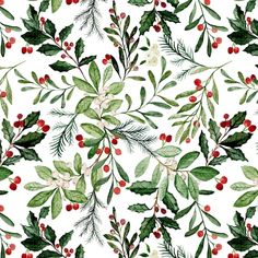 a watercolor christmas pattern with holly and berries