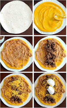 six images show different types of food on plates, including tortillas and burritos