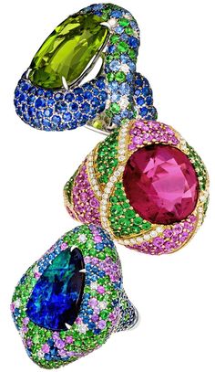 From top to bottom: Margot McKinney Vert rings with 13.61 cts peridot; Amarathine ring with 14,70 cts rubellite and Opal Garden ring with Australian opal 8,69 cts Garden Ring, The Aesthetics, Australian Opal, Stunning Jewellery, High Jewelry, Pandora Jewelry, Unique Rings, Luxury Jewelry