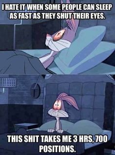 an animated rabbit is sleeping in bed with the caption, i hate it when people can sleep as fast as they shut their eyes