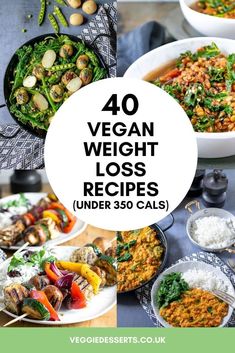 Over 40 tasty Vegan Recipes for Weight Loss - all coming in at less than 350 calories per serving! You'll love these tasty meat-free recipes not only taste great but are a great part of a calorie-controlled diet.  #vegandiet #veganweightloss #veganlowcalorie #healthyveganrecipes #healthyvegan Low Calorie Vegan, Recetas Keto, Vegan Gluten Free Recipes, No Calorie Foods, Vegan Dinner Recipes, Vegan Recipes Healthy, Vegan Diet, Low Calorie Recipes, Vegan Dinners