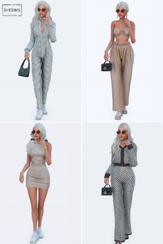 four different poses of the same woman in various outfits, one is holding a handbag