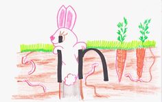 a child's drawing of carrots and a bunny in the ground with grass