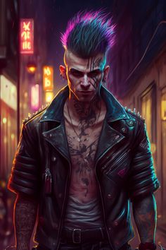 a man with tattoos and piercings standing in front of a neon lit city street