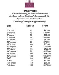 a menu for a cake shop with prices on the front and back side, including two cakes