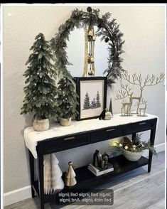 Small Area Christmas Decor, Accent Pieces For Living Room, Christmas Decor For End Table, Small Round Table Christmas Decor, Neutral Christmas Entryway Table Decor, Diy Christmas Tabletop Decor, Christmas Bathroom Decor Modern, Black Entry Table Christmas Decor, White Gold And Green Christmas Decor