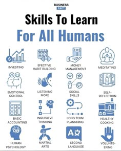 the skills to learn for all humans are shown in blue and white, with an image of