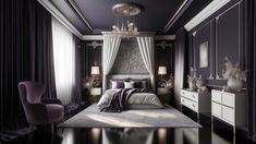 a bedroom decorated in black and white with purple accents, chandelier and bed