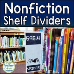 there is a sign that says non fiction shelf dividers in front of the bookshelf