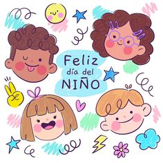 three children's faces with the words feliz dia del nino