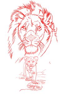 a drawing of a lion and its cub