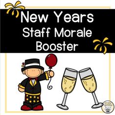 the new year's staff morse boosterer with two champagne glasses and a red balloon