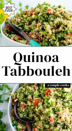 quinoa tabbouleh in a white bowl with a spoon