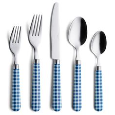 four forks, two spoons and one knife on a white surface with blue checkered cloth