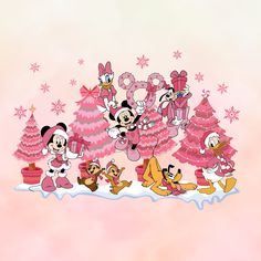 a group of cartoon characters standing around a christmas tree