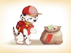 a drawing of a dog with a fireman's hat next to a bag of mail