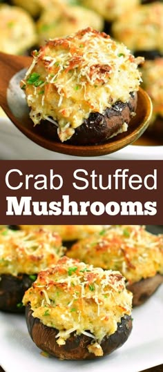 crab stuffed mushrooms with cheese and parmesan on top