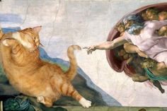 an orange cat standing on its hind legs in front of the creation of adam and eve