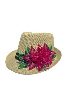 Tembleque Fedora Hat Panama Hat Panamanian Spring/Summer Beach Hat Tan Pink - Vivian Fong Designs Flower-shaped Summer Party Hat, Summer Party Hats With Flower Shape, Flower Shaped Summer Party Hats, Handmade Flower Hats For Summer, Adjustable Flower Hats For Summer, Summer Flower Hats With Adjustable Fit, Multicolor Flower-shaped Summer Hat, Summer Multicolor Flower-shaped Hat, Multicolor Beaded Party Hats